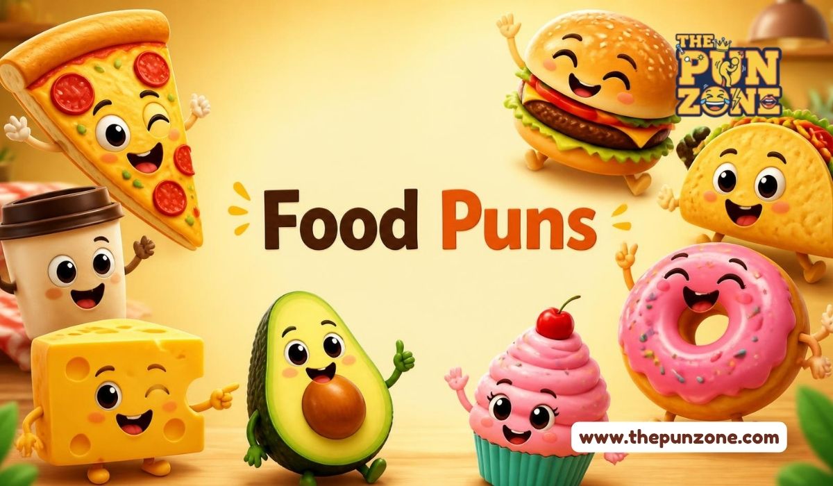 Food puns title card with smiling cartoon foods