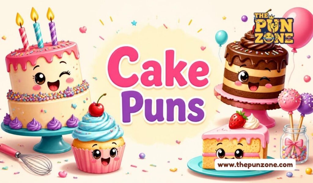 Cake puns title card with a cartoon layer cake