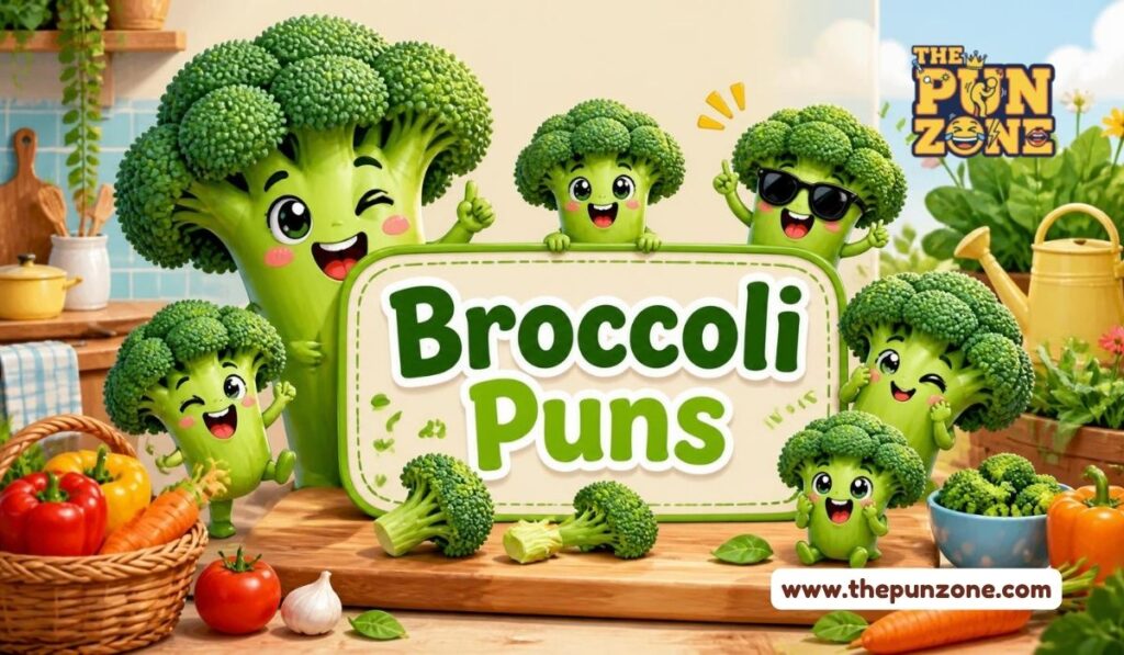 Broccoli puns title card with cartoon broccoli