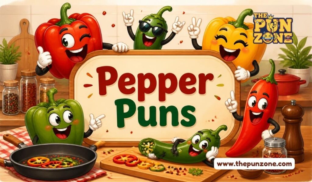 Pepper puns title card with cartoon peppers