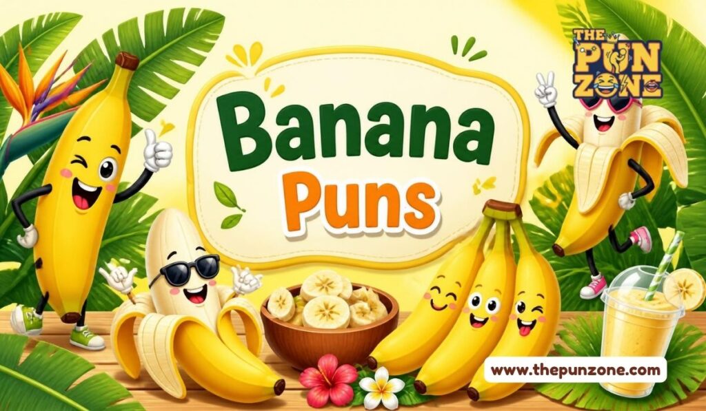 Banana puns title card with cartoon bananas