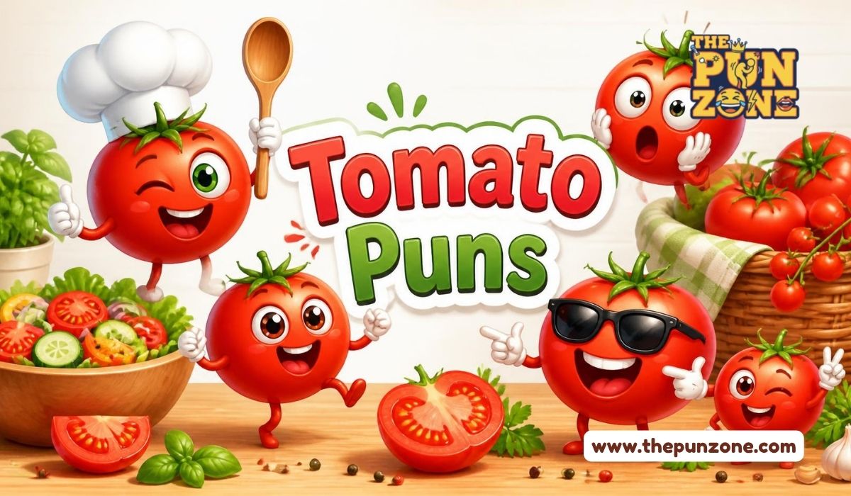 Tomato puns title card with cartoon tomatoes